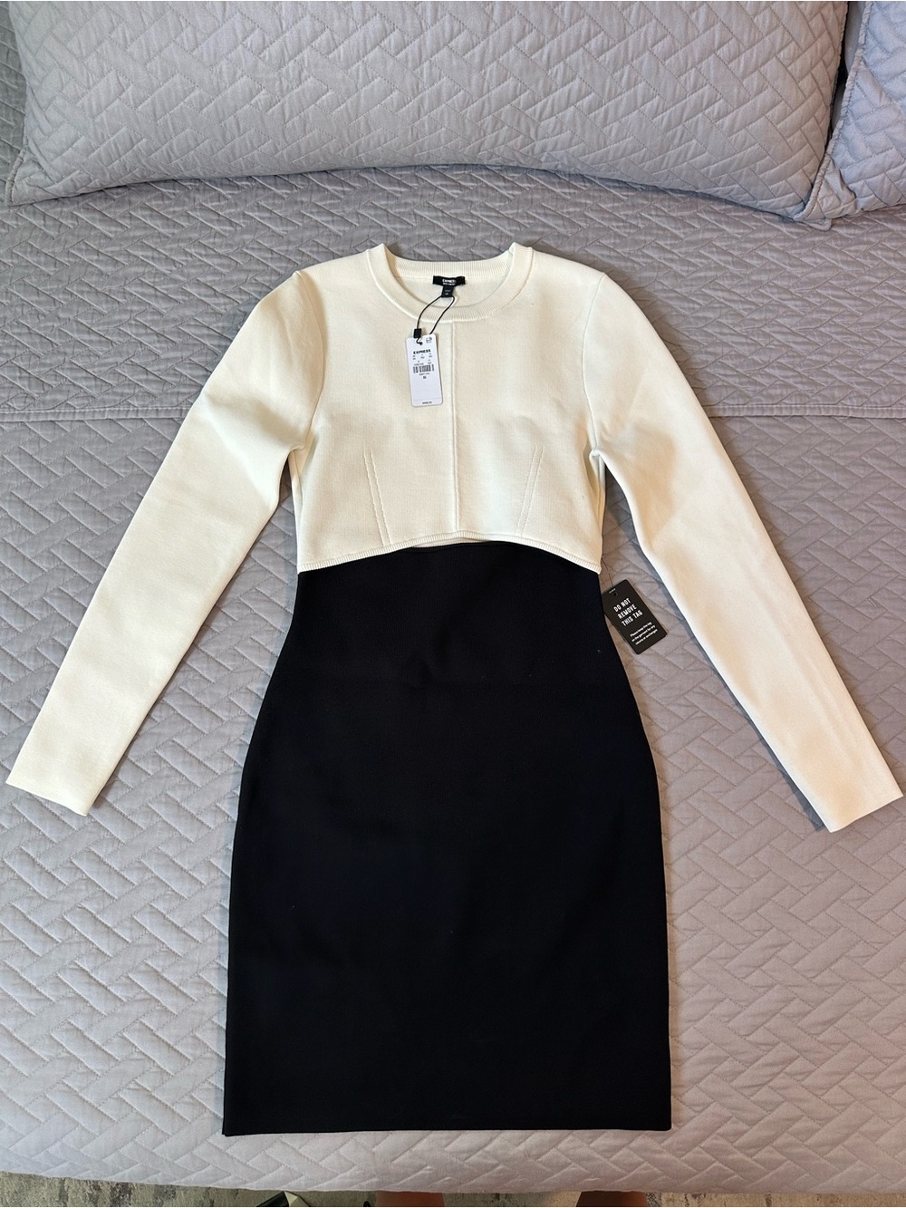 Express Two-Tone Black and Cream Long-Sleeve Sheath Dress